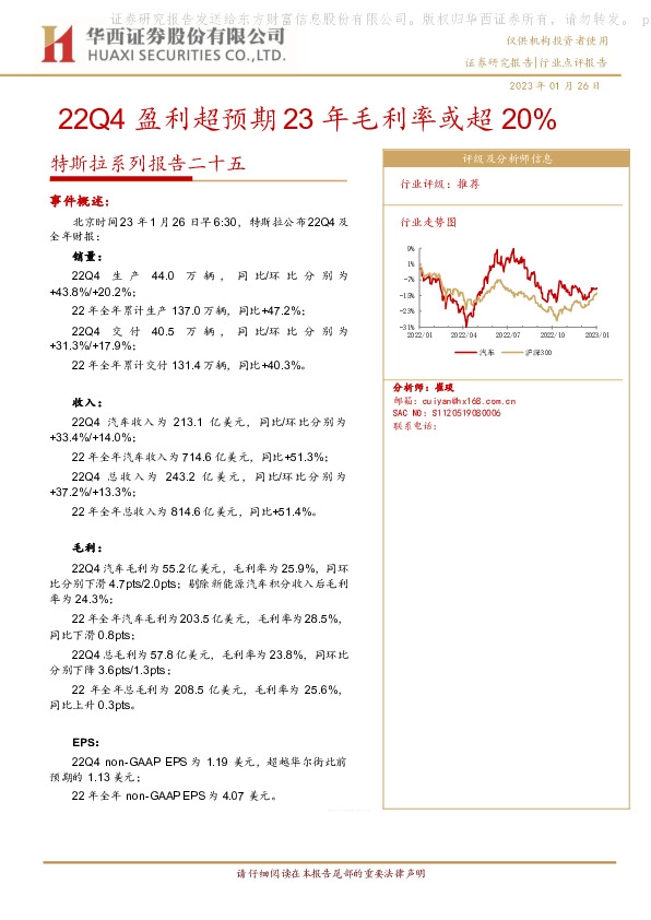 特斯拉系列报告二十五：22Q4盈利超预期23年毛利率或超20%