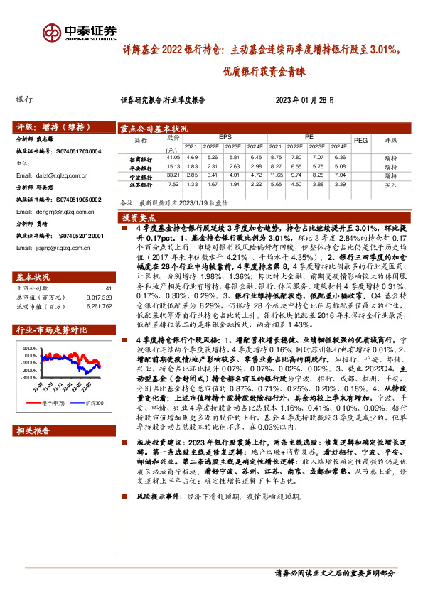 详解基金2022银行持仓：主动基金连续两季度增持银行股至3.01%，优质银行获资金青睐