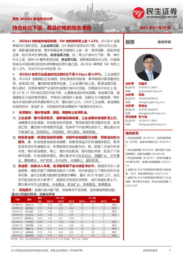 有色2022Q4基金持仓分析：持仓环比下滑，商品价格的双击来临