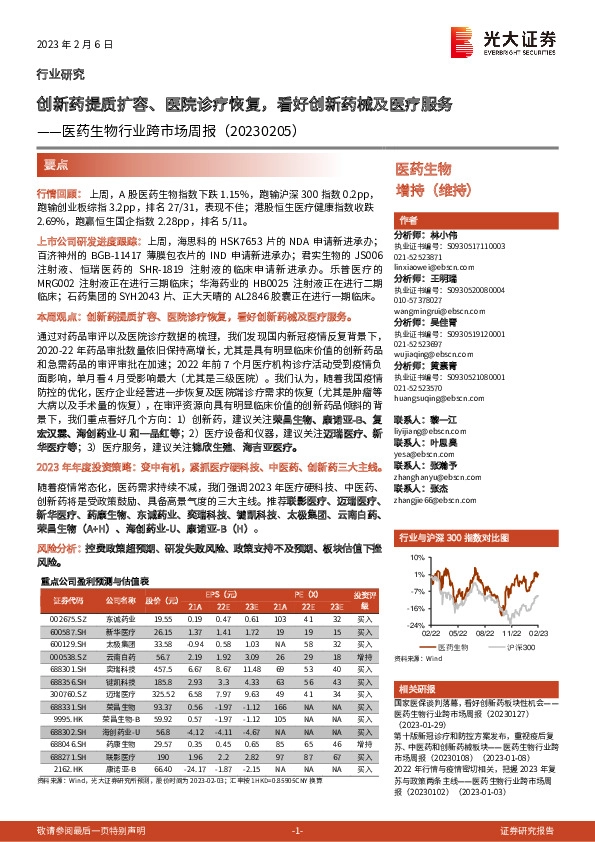 医药生物行业跨市场周报：创新药提质扩容、医院诊疗恢复，看好创新药械及医疗服务