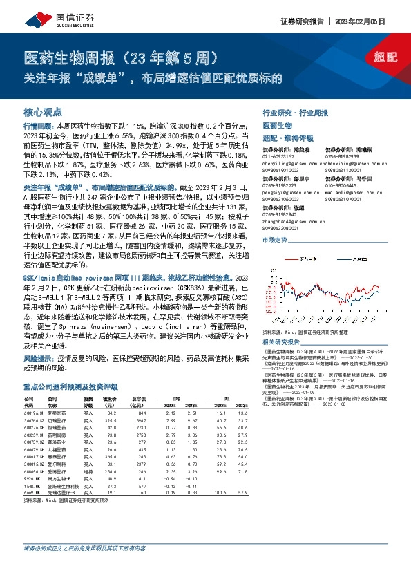 医药生物周报（23年第5周）：关注年报“成绩单”，布局增速估值匹配优质标的