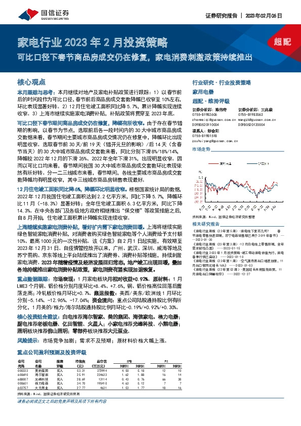 家电行业2023年2月投资策略：可比口径下春节商品房成交仍在修复，家电消费刺激政策持续推出