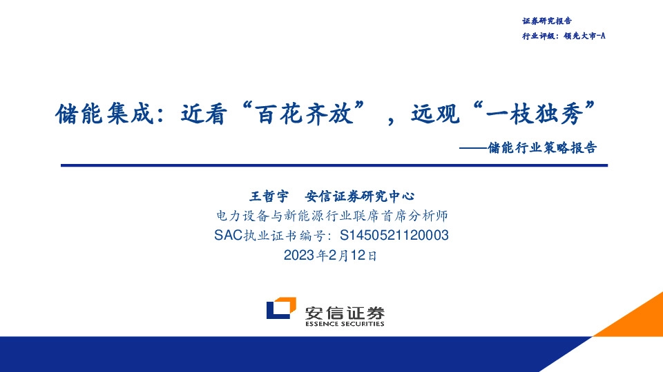 储能行业策略报告：储能集成：近看“百花齐放”，远观“一枝独秀”