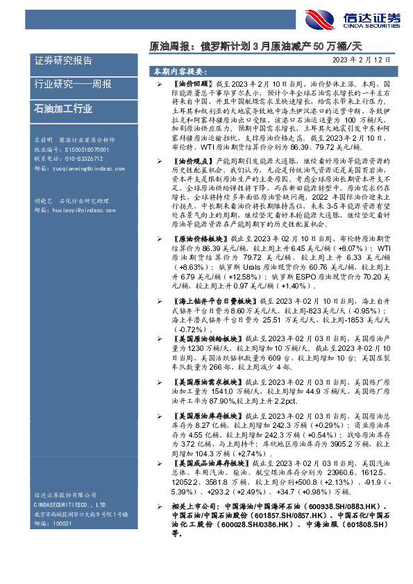 原油周报：俄罗斯计划3月原油减产50万桶/天