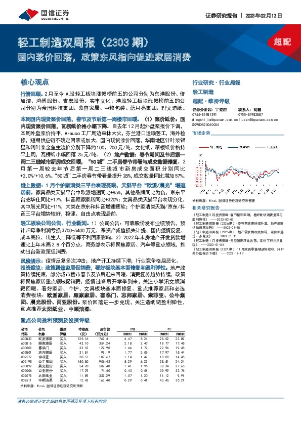 轻工制造双周报（2303期）：国内浆价回落，政策东风指向促进家居消费