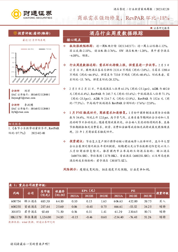 酒店行业周度数据跟踪：商旅需求强劲修复，RevPAR环比+18%