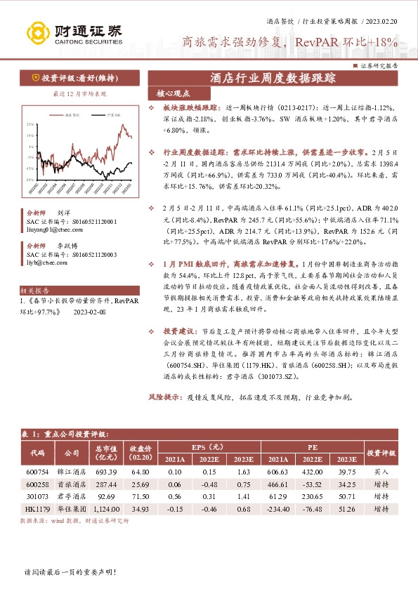 酒店行业周度数据跟踪：商旅需求强劲修复，RevPAR环比+18%