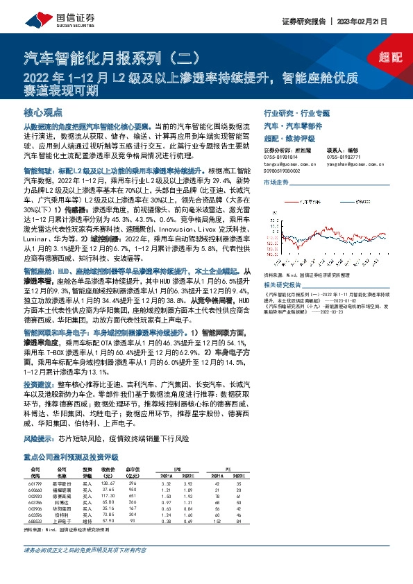 汽车智能化月报系列（二）：2022年1-12月L2级及以上渗透率持续提升，智能座舱优质赛道表现可期