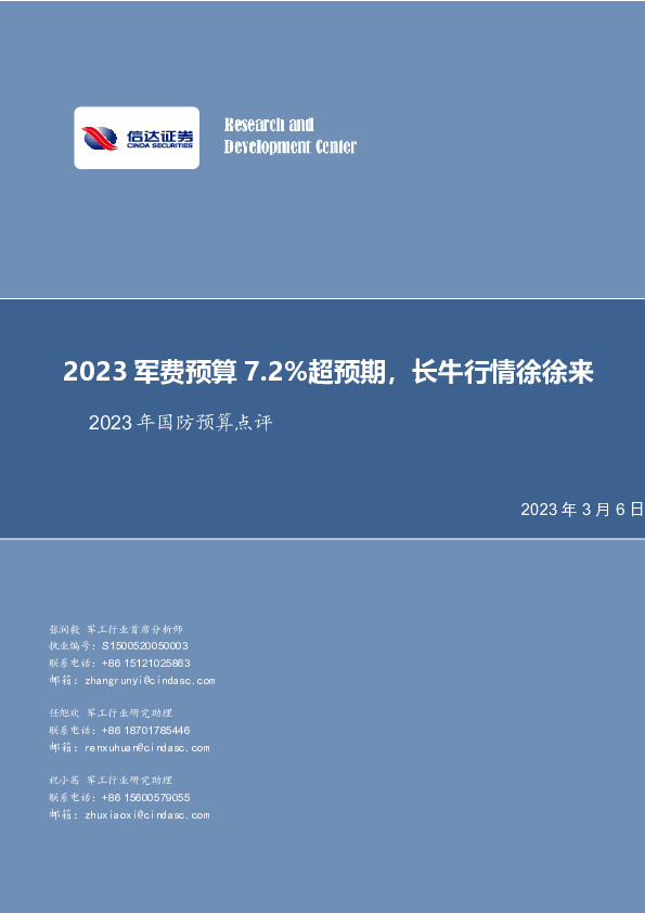 2023年国防预算点评：2023军费预算7.2%超预期，长牛行情徐徐来