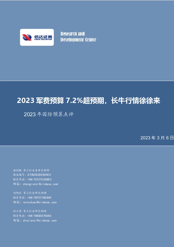 2023年国防预算点评：2023军费预算7.2%超预期，长牛行情徐徐来
