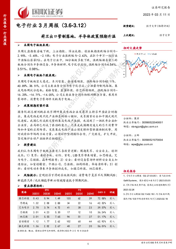 电子行业3月周报：荷兰出口管制落地，半导体政策预期升温