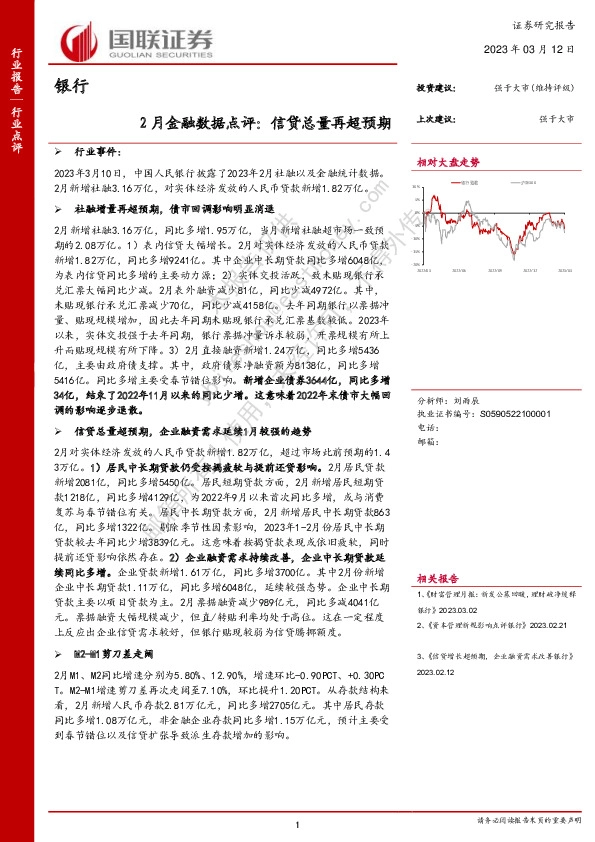 银行2月金融数据点评：信贷总量再超预期