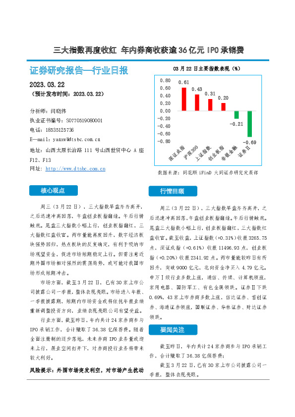 非银金融行业日报：三大指数再度收红 年内券商收获逾36亿元IPO承销费