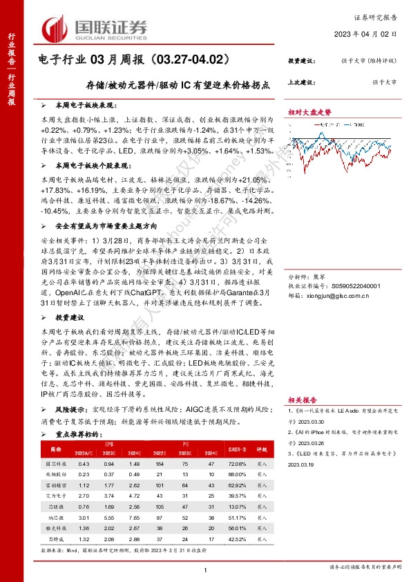 电子行业03月周报：存储/被动元器件/驱动IC有望迎来价格拐点
