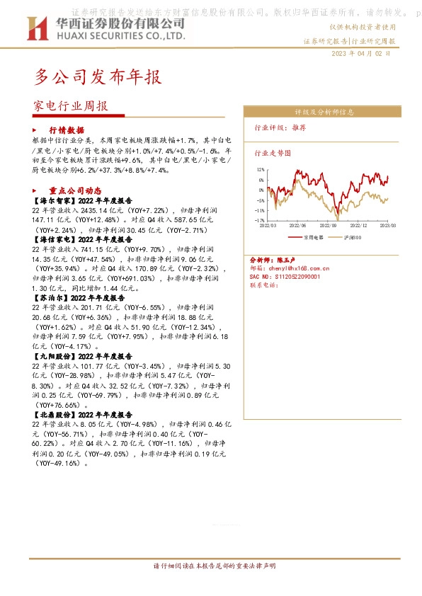 家电行业周报：多公司发布年报