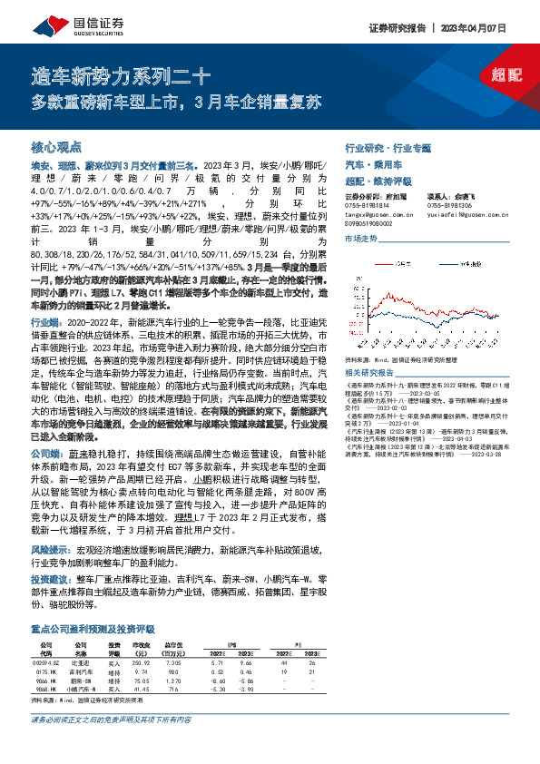 造车新势力系列二十：多款重磅新车型上市，3月车企销量复苏