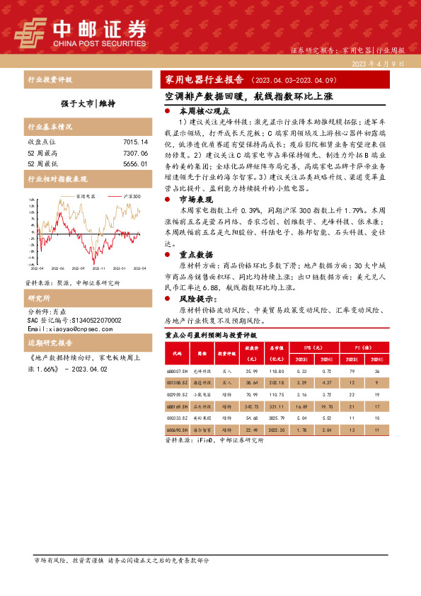 家用电器行业报告：空调排产数据回暖，航线指数环比上涨