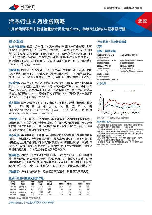 汽车行业4月投资策略：3月新能源乘用车批发销量预计同比增长32%，持续关注板块年报季报行情