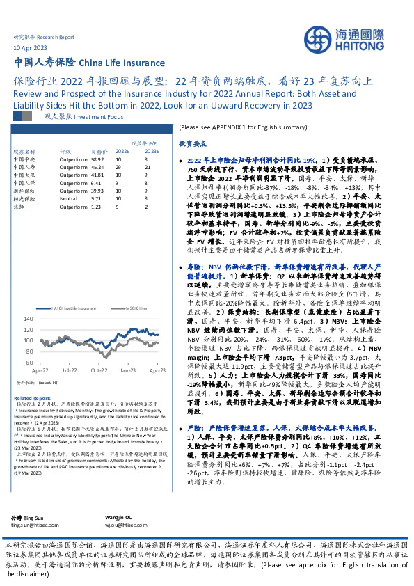 保险行业2022年报回顾与展望：22年资负两端触底，看好23年复苏向上