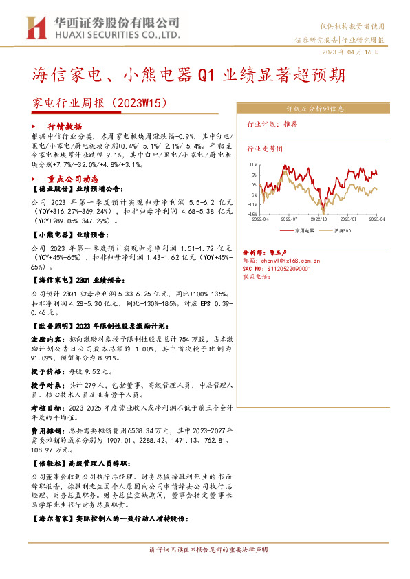 家电行业周报(2023W15)：海信家电、小熊电器Q1业绩显著超预期