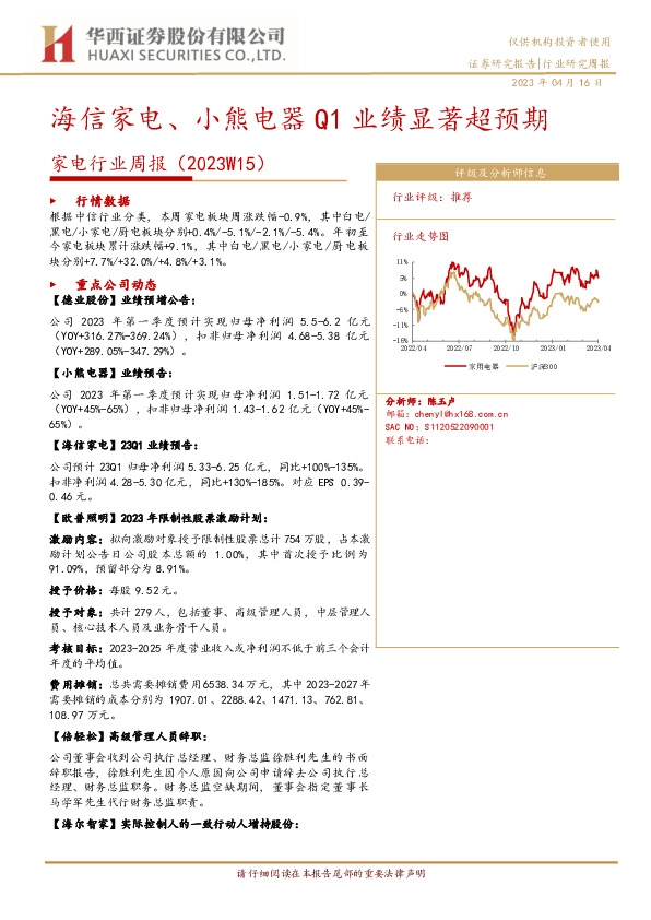 家电行业周报(2023W15)：海信家电、小熊电器Q1业绩显著超预期