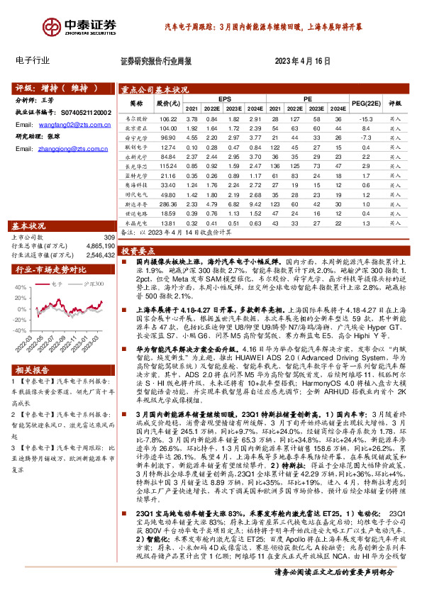 汽车电子周跟踪：3月国内新能源车继续回暖，上海车展即将开幕