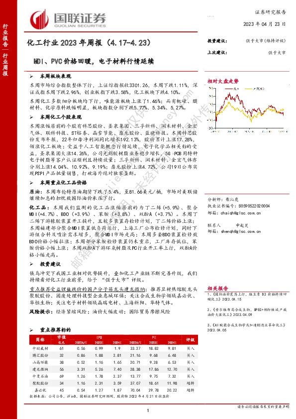 化工行业2023年周报：MDI、PVC价格回暖，电子材料行情延续