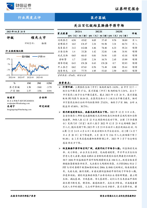 医疗器械行业周度点评：关注百亿级结直肠癌早筛市场