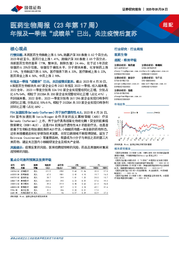 医药生物周报（23年第17周）：年报及一季报“成绩单”已出，关注疫情后复苏