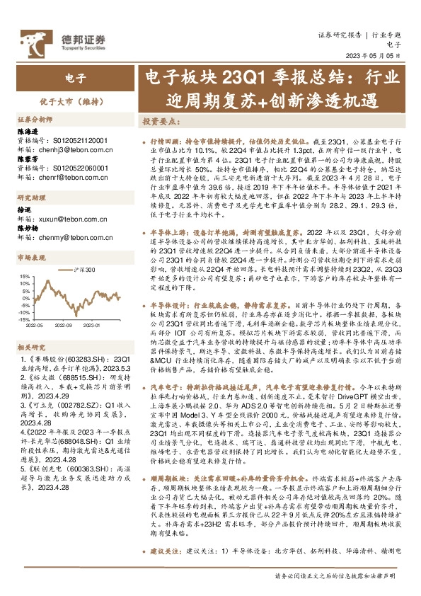 电子板块23Q1季报总结：行业迎周期复苏+创新渗透机遇