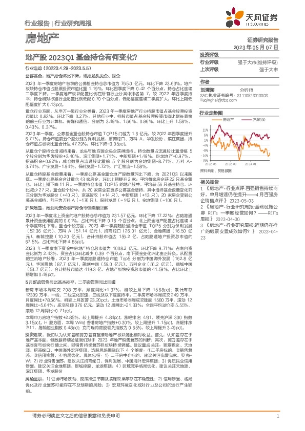 房地产行业研究周报：地产股2023Q1基金持仓有何变化？