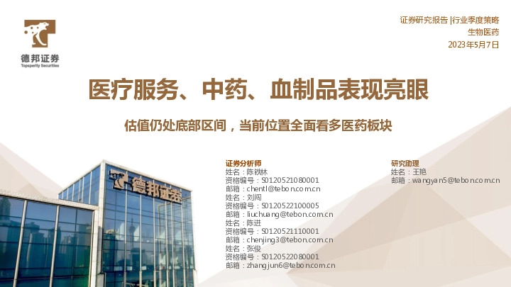 生物医药行业季度策略：医疗服务、中药、血制品表现亮眼-估值仍处底部区间，当前位置全面看多医药板块