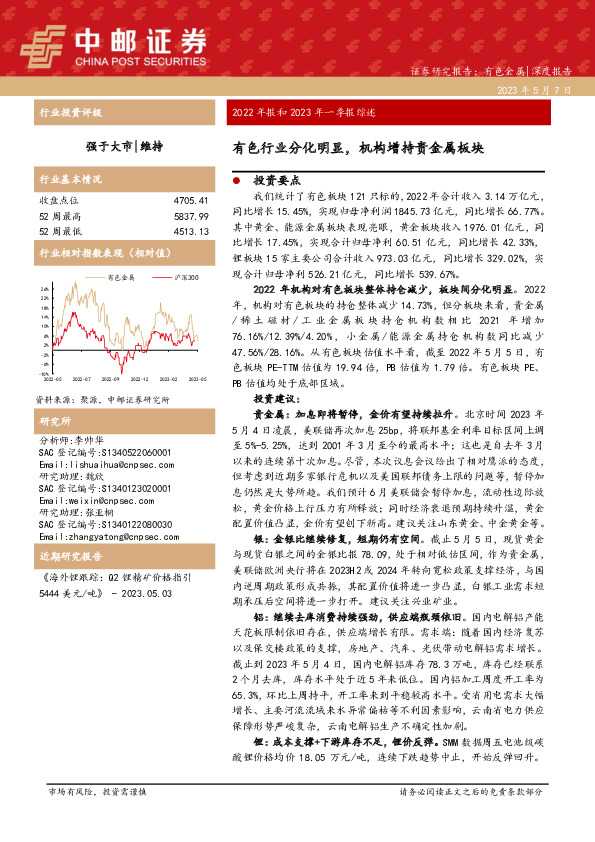 有色金属2022年报和2023年一季报综述：有色行业分化明显，机构增持贵金属板块