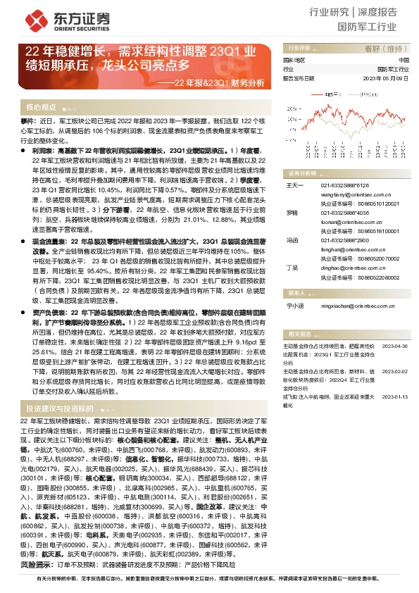 国防军工行业深度报告：22年报&23Q1财务分析-22年稳健增长，需求结构性调整23Q1业绩短期承压，龙头公司亮点多