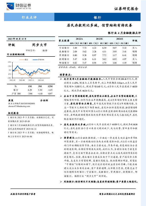 银行业4月金融数据点评：居民存款同比多减，信贷结构有待改善