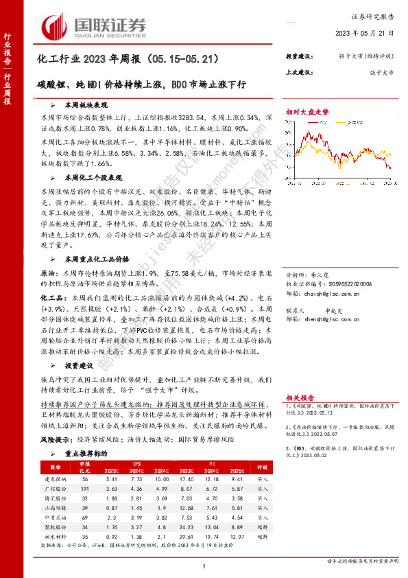 化工行业2023年周报：碳酸锂、纯MDI价格持续上涨，BDO市场止涨下行