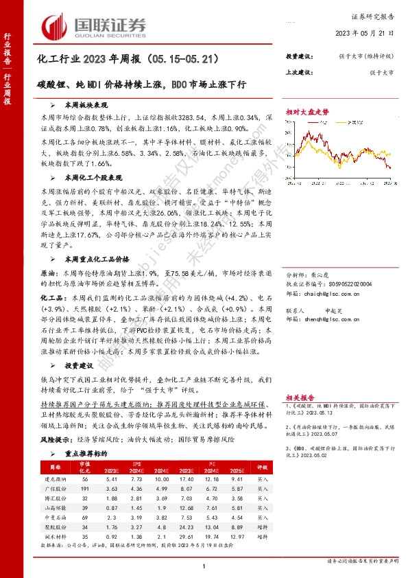 化工行业2023年周报：碳酸锂、纯MDI价格持续上涨，BDO市场止涨下行