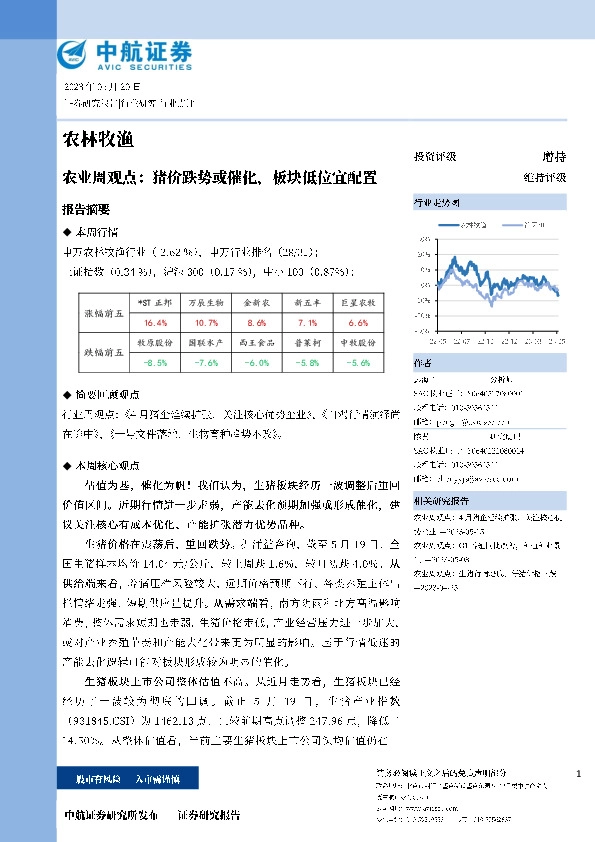 农业周观点：猪价跌势或催化，板块低位宜配置