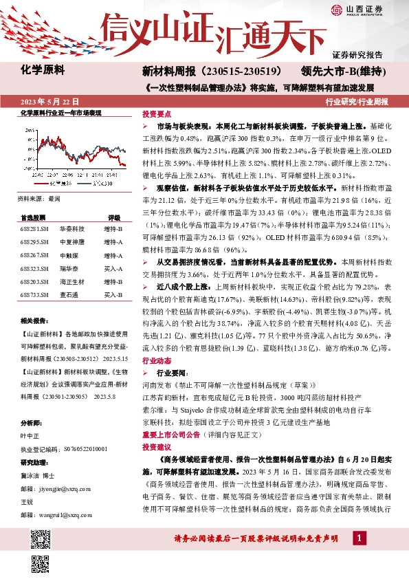 新材料周报：《一次性塑料制品管理办法》将实施，可降解塑料有望加速发展