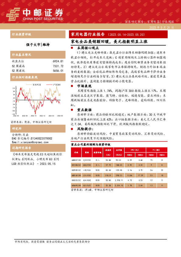 家用电器行业报告：家电全品类销额回暖，美元指数明显上涨