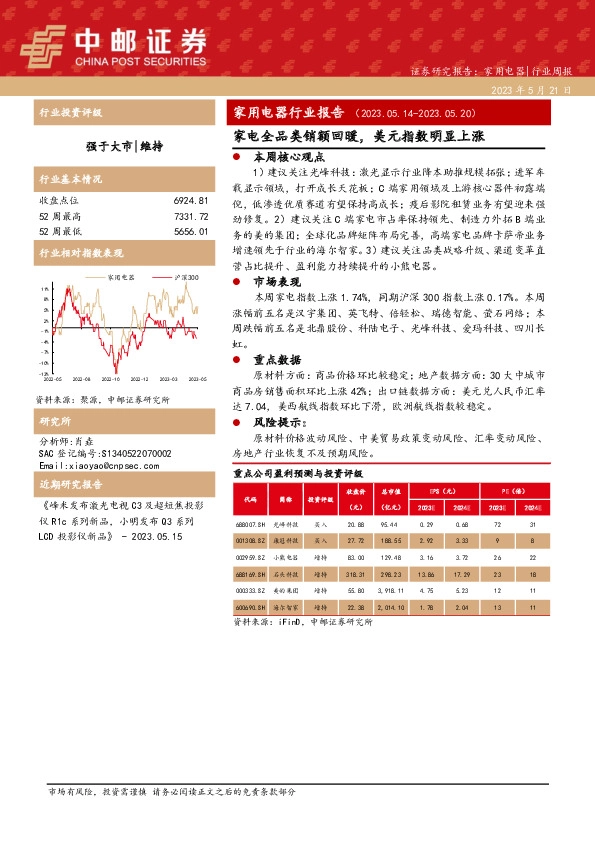 家用电器行业报告：家电全品类销额回暖，美元指数明显上涨