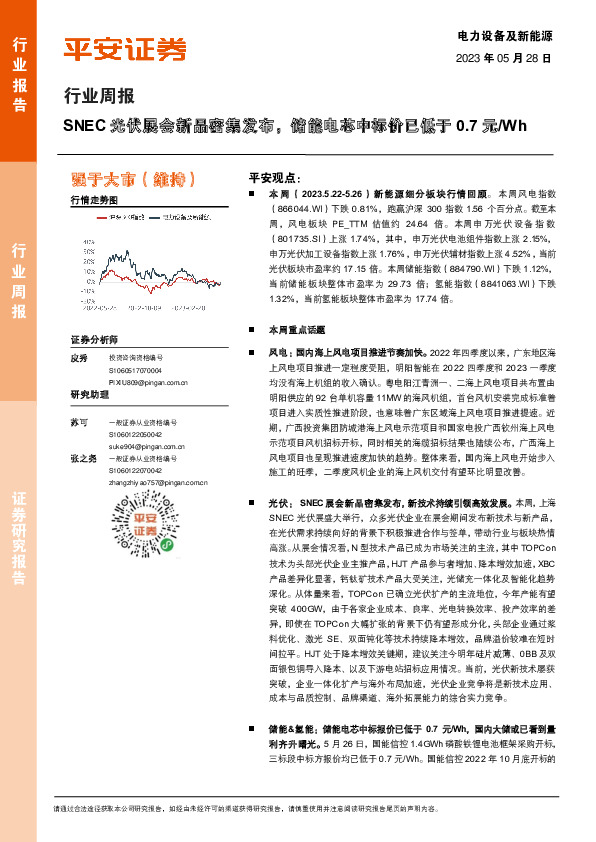 电力设备及新能源行业周报：SNEC光伏展会新品密集发布，储能电芯中标价已低于0.7元/Wh