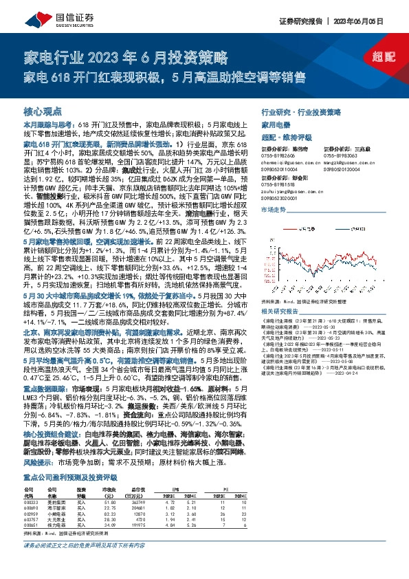 家电行业2023年6月投资策略：家电618开门红表现积极，5月高温助推空调等销售