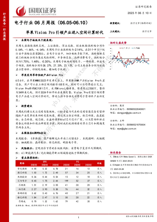 电子行业06月周报：苹果Vision Pro引领产业进入空间计算时代