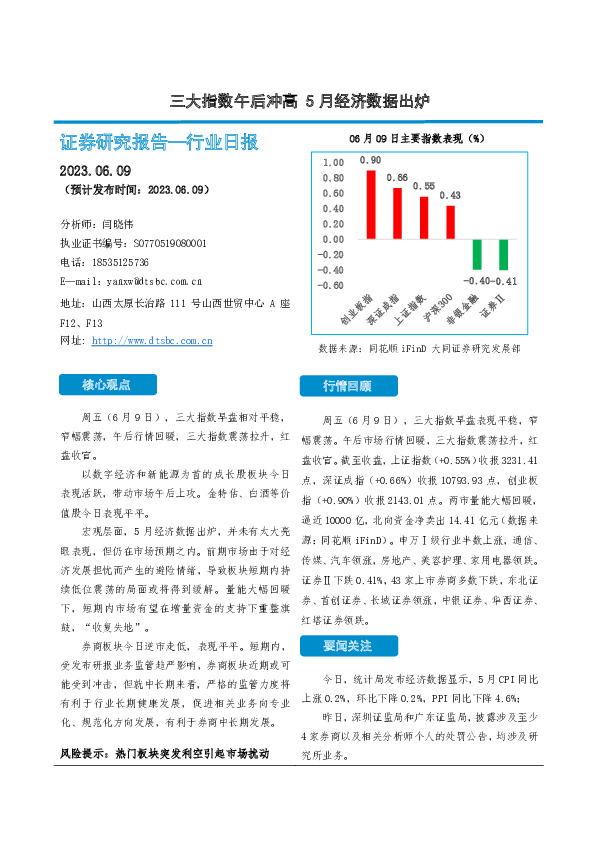 非银金融行业日报：三大指数午后冲高，5月经济数据出炉
