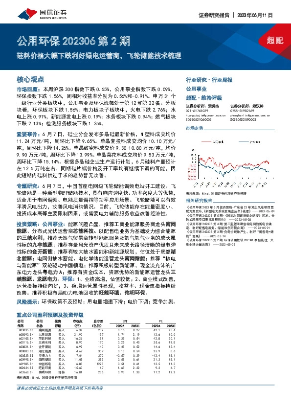 公用环保202306第2期行业周报：硅料价格大幅下跌利好绿电运营商，飞轮储能技术梳理