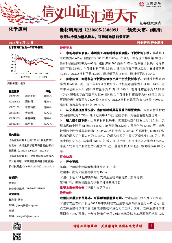 新材料周报：政策扶持叠加新品降本，可降解地膜前景可期