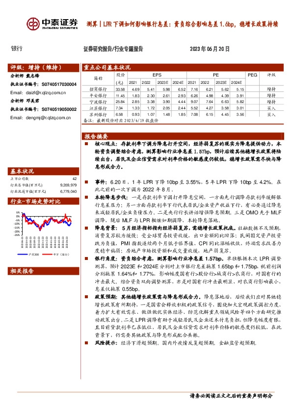 银行：测算｜LPR下调如何影响银行息差：资负综合影响息差1.6bp，稳增长政策持续