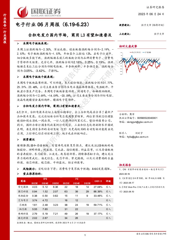 电子行业06月周报：台积电发力国内市场，商用L3有望加速普及