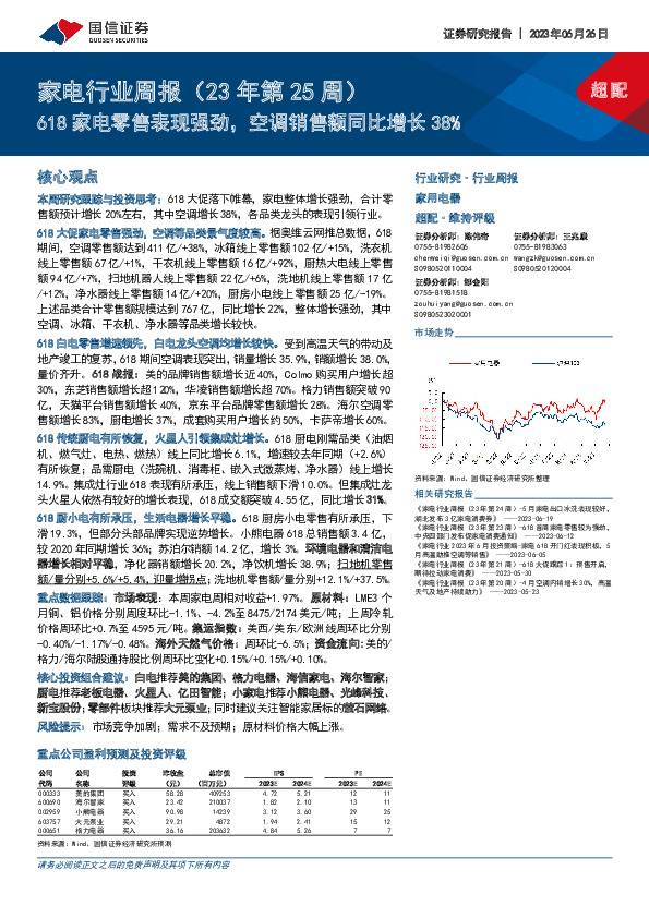家电行业周报（23年第25周）：618家电零售表现强劲，空调销售额同比增长38%